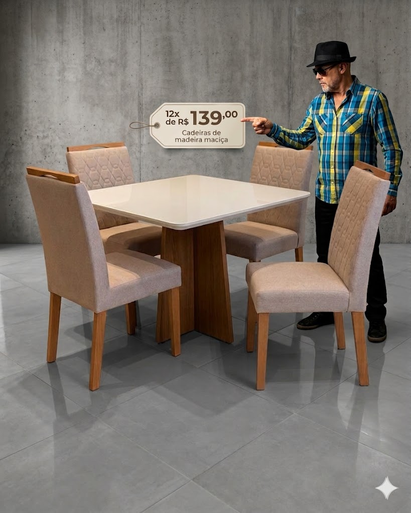 Mesa ani 90x90 com 4 cadeiras de madeira maciça